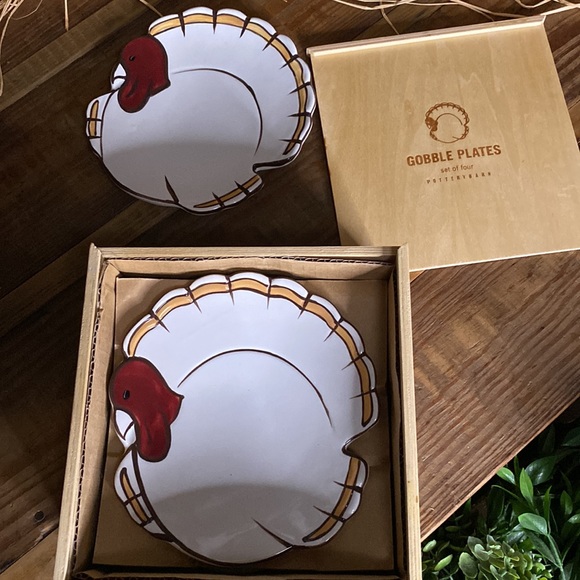 Pottery Barn Thanksgiving Turkey Gobble Appetizer/Dessert Plates in Wooden Box - Picture 5 of 16